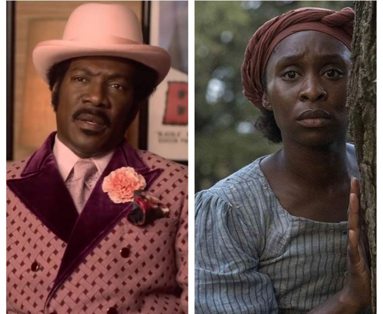 Left: Eddie Murphy as Rudy Ray Moore in “Dolemite is my Name.” Right: Cynthi Erivo in “Harriet.”
