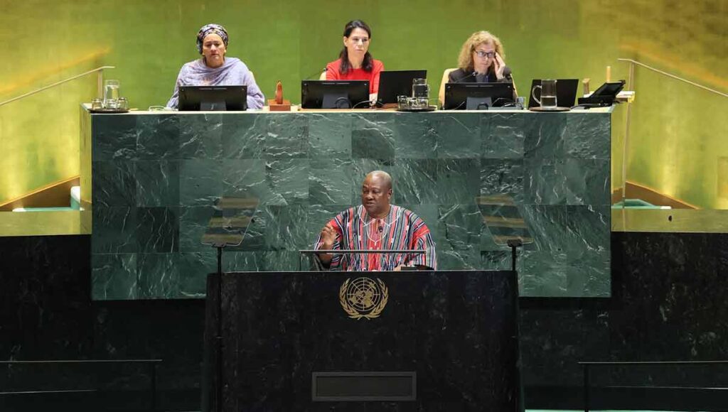 NEW YORK, NEW YORK - SEPTEMBER 25: President of Ghana John Dramani Mahama speaks during the United Nations General Assembly (UNGA) at the United Nations headquarters on September 25, 2025 in New York City. World leaders convened for the 80th Session of UNGA, with this year’s theme for the annual global meeting being “Better together: 80 years and more for peace, development and human rights.” (Photo by Michael M. Santiago/Getty Images)