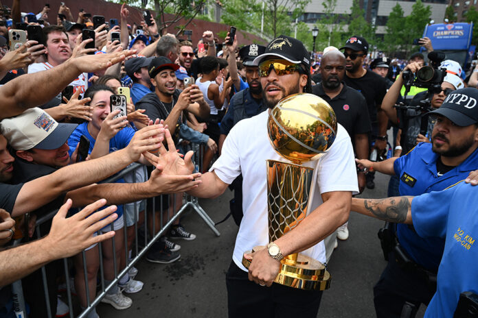 NEW YORK, NY - JUNE 18: Jalen Brunson is seen at the New York Knicks ticker-tape parade along the Canyon of Heroes on June 18, 2026 in New York City. (Photo by NDZ/Star Max/GC Images)